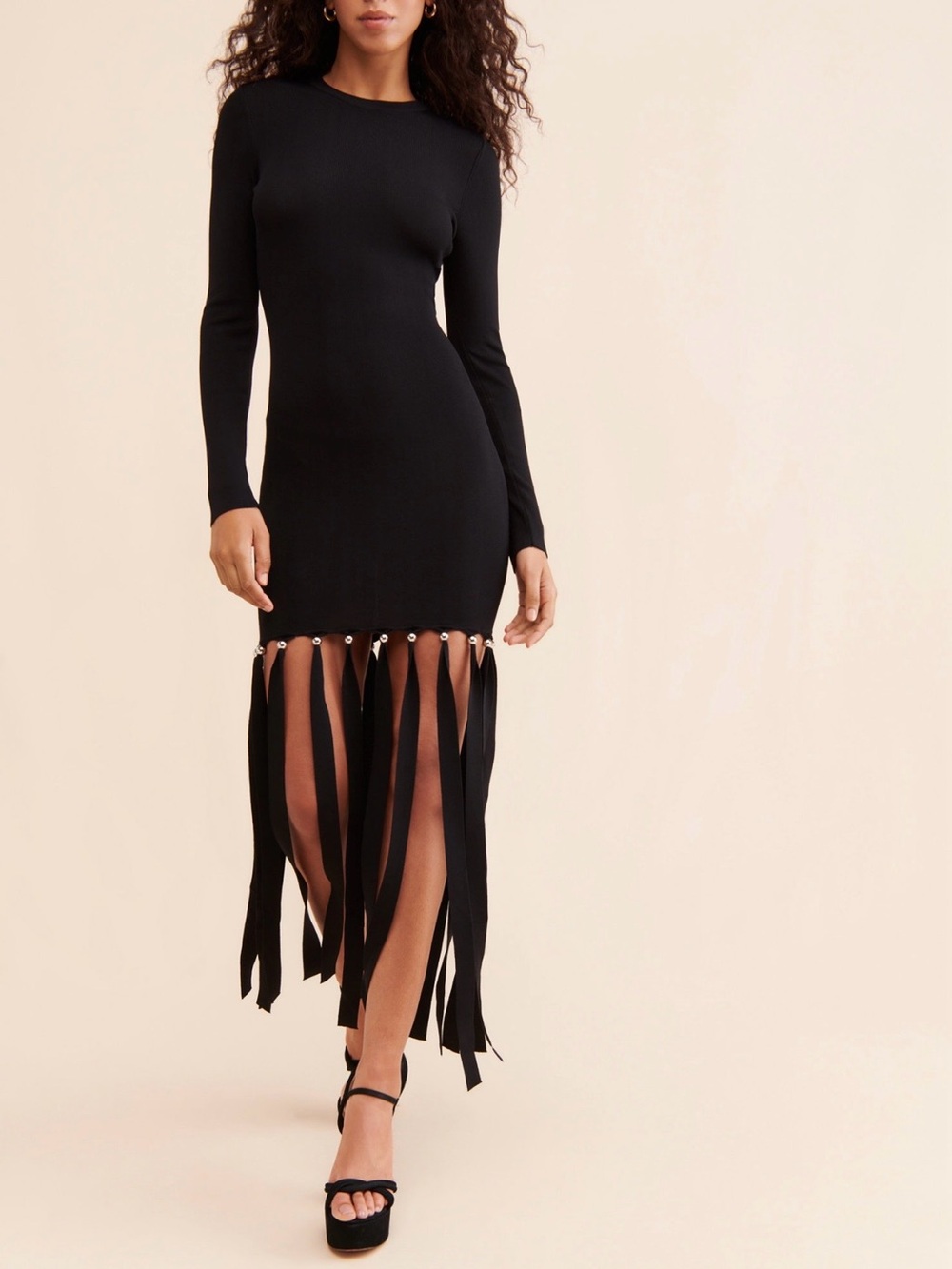Simon Miller Eclisse Black Long-Sleeve Fringe Hem Knit Dress